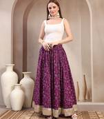Purple floral printed cotton flared maxi skirt for women