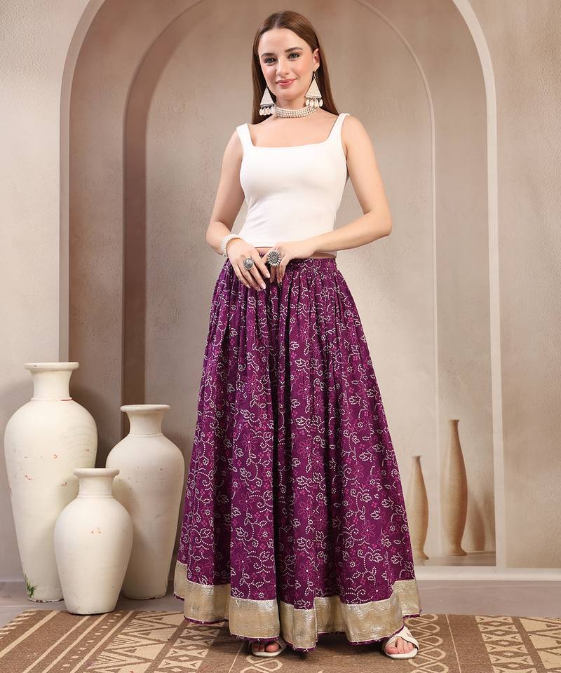 Purple floral printed cotton flared maxi skirt for women