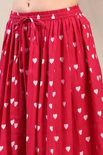 Pink printed cotton flared maxi skirt for women