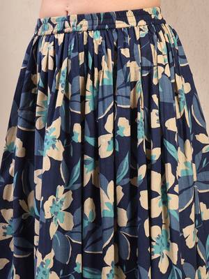 Blue floral printed cotton flared maxi skirt for women 4