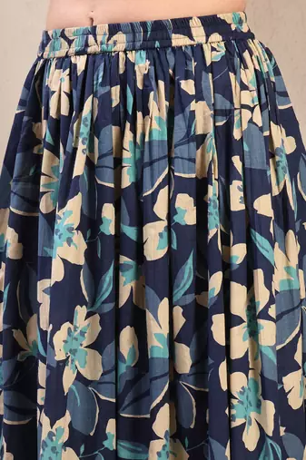 Blue floral printed cotton flared maxi skirt for women