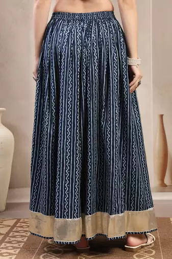 Blue printed cotton flared maxi skirt for women