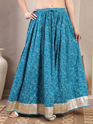 Sky-blue floral printed cotton flared maxi skirt for women 2