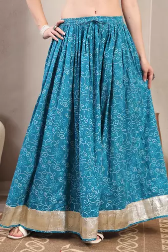 Sky-blue floral printed cotton flared maxi skirt for women