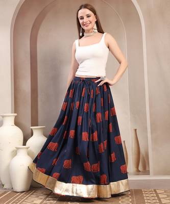 Blue graphic printed cotton flared maxi skirt for women 1