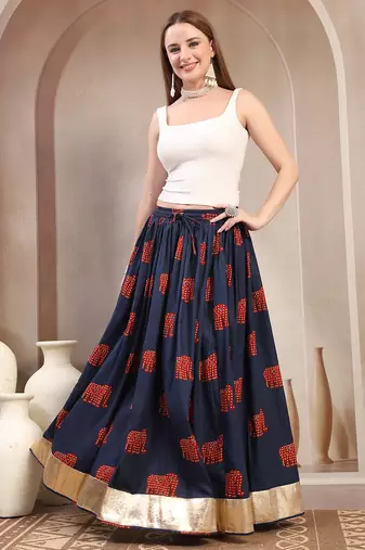 Blue graphic printed cotton flared maxi skirt for women