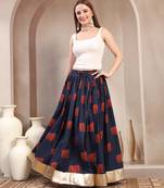 Blue graphic printed cotton flared maxi skirt for women