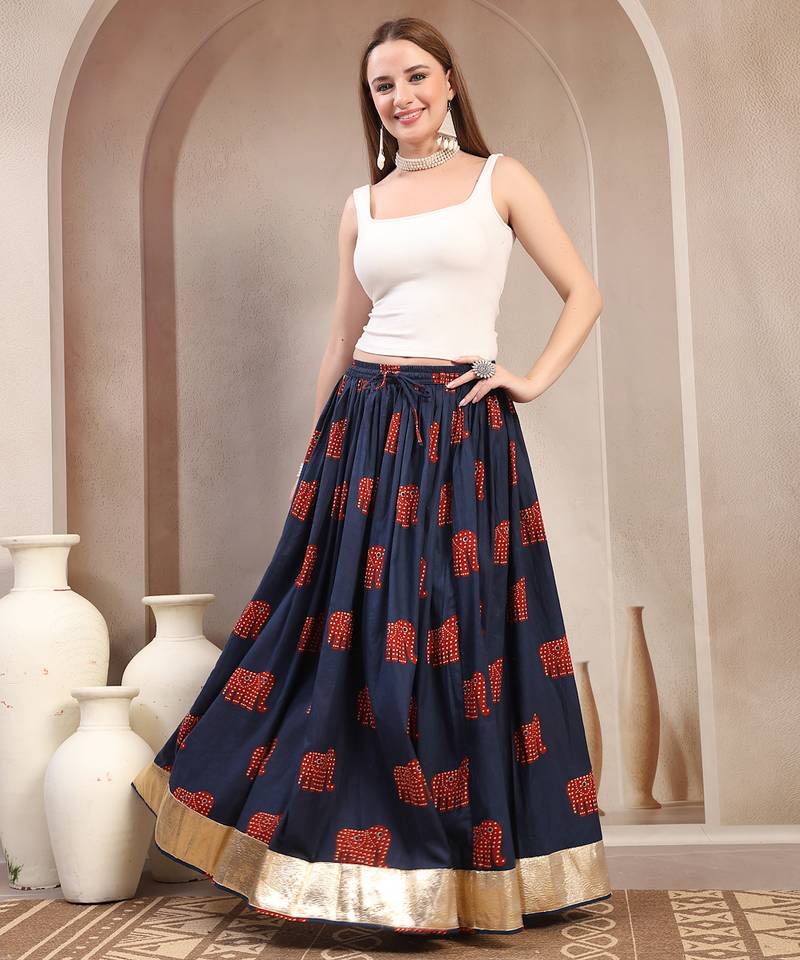 Blue graphic printed cotton flared maxi skirt for women