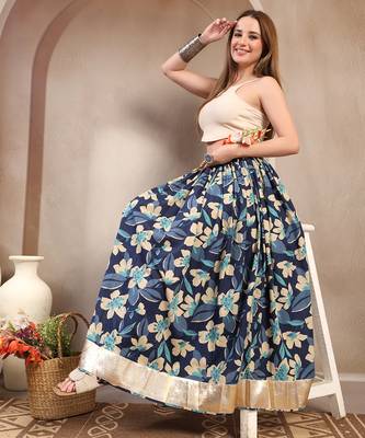 Blue floral printed cotton flared maxi skirt for women 5