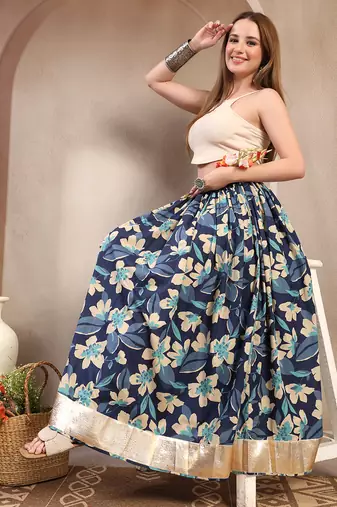 Blue floral printed cotton flared maxi skirt for women