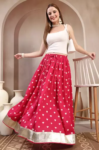 Pink printed cotton flared maxi skirt for women