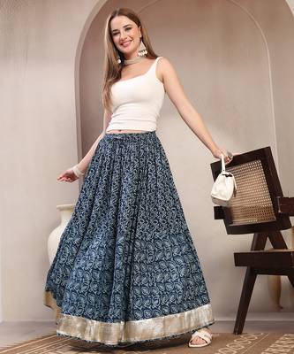 Blue floral printed cotton flared maxi skirt for women 5