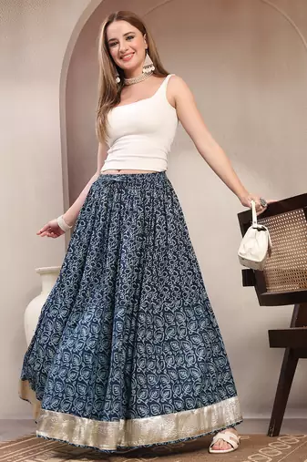 Blue floral printed cotton flared maxi skirt for women