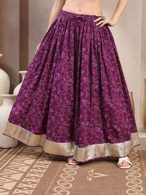 Purple floral printed cotton flared maxi skirt for women 2