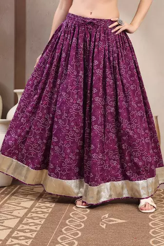 Purple floral printed cotton flared maxi skirt for women