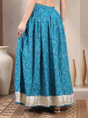 Sky-blue floral printed cotton flared maxi skirt for women 3