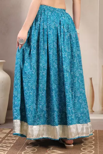 Sky-blue floral printed cotton flared maxi skirt for women