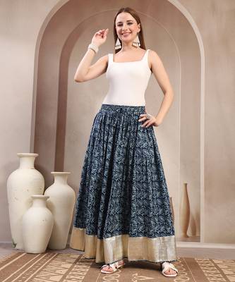 Blue floral printed cotton flared maxi skirt for women 1