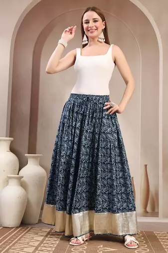 Blue floral printed cotton flared maxi skirt for women