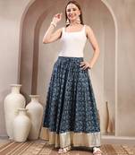 Blue floral printed cotton flared maxi skirt for women