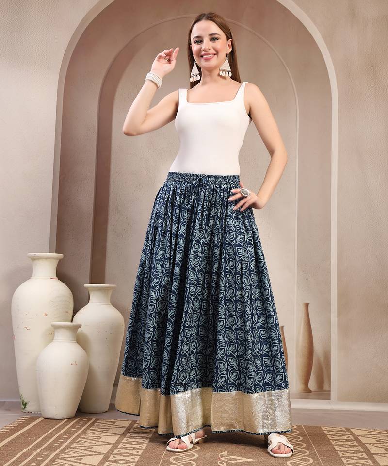 Blue floral printed cotton flared maxi skirt for women