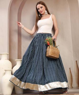 Blue printed cotton flared maxi skirt for women 5