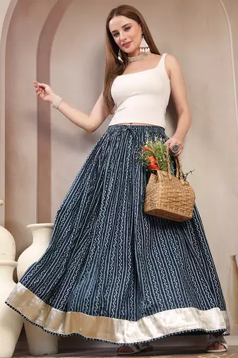 Blue printed cotton flared maxi skirt for women