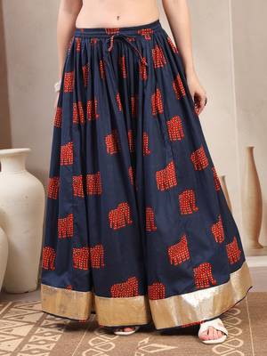 Blue graphic printed cotton flared maxi skirt for women 2