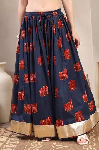 Blue graphic printed cotton flared maxi skirt for women