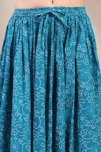 Sky-blue floral printed cotton flared maxi skirt for women