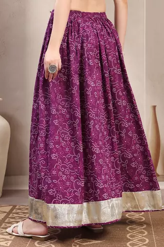 Purple floral printed cotton flared maxi skirt for women