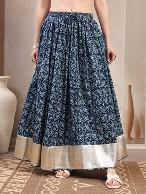 Blue floral printed cotton flared maxi skirt for women 2