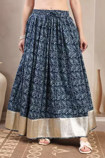 Blue floral printed cotton flared maxi skirt for women