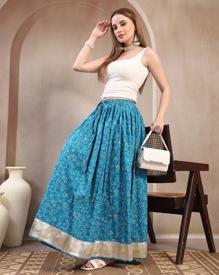 Sky-blue floral printed cotton flared maxi skirt for women 5