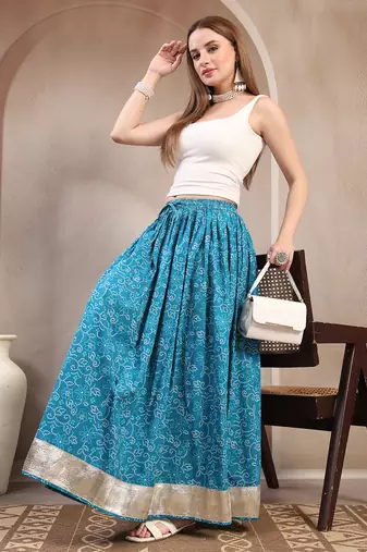 Sky-blue floral printed cotton flared maxi skirt for women