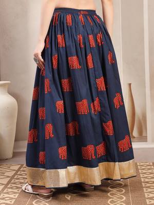 Blue graphic printed cotton flared maxi skirt for women 3