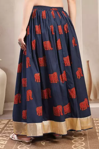Blue graphic printed cotton flared maxi skirt for women