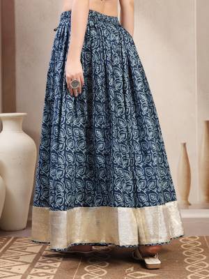 Blue floral printed cotton flared maxi skirt for women 3