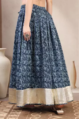 Blue floral printed cotton flared maxi skirt for women