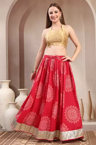 Pink floral printed cotton flared maxi skirt for women