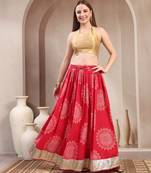 Pink floral printed cotton flared maxi skirt for women
