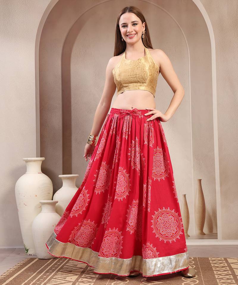 Pink floral printed cotton flared maxi skirt for women