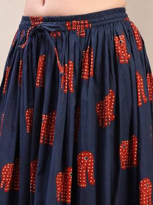 Blue graphic printed cotton flared maxi skirt for women 4