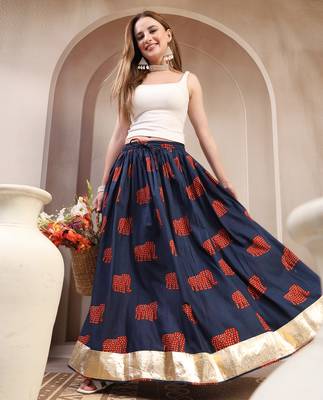 Blue graphic printed cotton flared maxi skirt for women 5