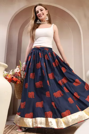 Blue graphic printed cotton flared maxi skirt for women