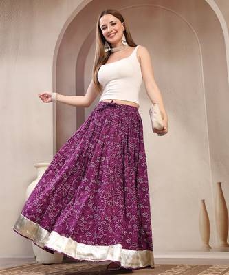 Purple floral printed cotton flared maxi skirt for women 5