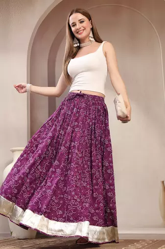 Purple floral printed cotton flared maxi skirt for women