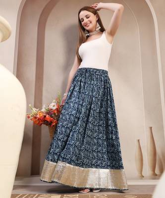 Blue floral printed cotton flared maxi skirt for women 5