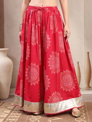Pink floral printed cotton flared maxi skirt for women 2