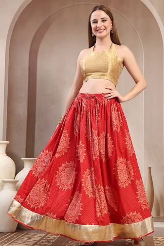 Red floral printed cotton flared maxi skirt for women